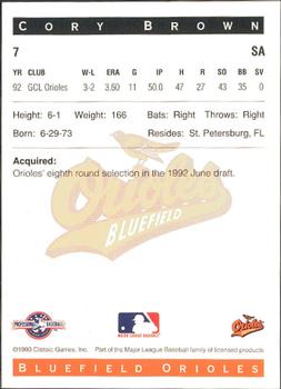 1993 Classic Best Bluefield Orioles #7 Cory Brown Back