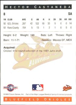 1993 Classic Best Bluefield Orioles #8 Hector Castaneda Back
