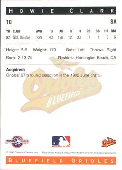 1993 Classic Best Bluefield Orioles #10 Howie Clark Back