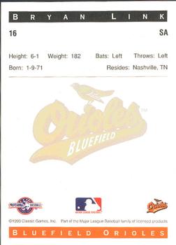 1993 Classic Best Bluefield Orioles #16 Bryan Link Back