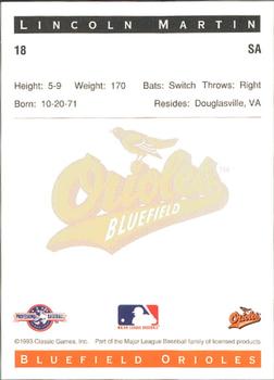 1993 Classic Best Bluefield Orioles #18 Lincoln Martin Back