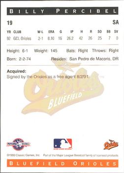 1993 Classic Best Bluefield Orioles #19 Billy Percibal Back