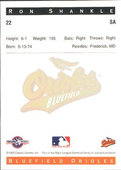 1993 Classic Best Bluefield Orioles #22 Ron Shankle Back