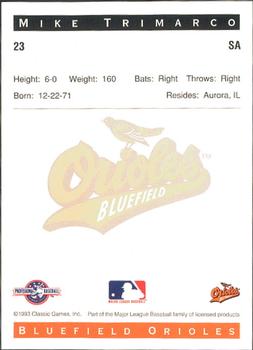 1993 Classic Best Bluefield Orioles #23 Mike Trimarco Back