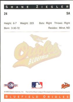 1993 Classic Best Bluefield Orioles #24 Shane Ziegler Back