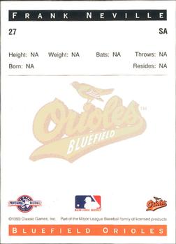 1993 Classic Best Bluefield Orioles #27 Frank Neville Back