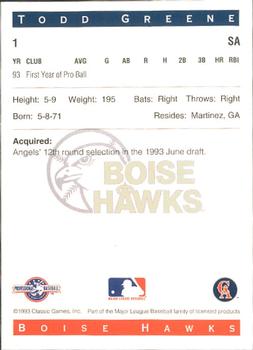 1993 Classic Best Boise Hawks #1 Todd Greene Back