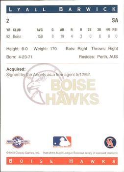 1993 Classic Best Boise Hawks #2 Lyall Barwick Back