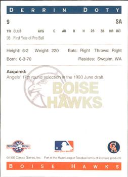 1993 Classic Best Boise Hawks #9 Derrin Doty Back