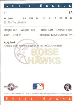 1993 Classic Best Boise Hawks #10 Geoff Edsell Back