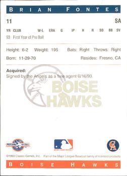 1993 Classic Best Boise Hawks #11 Brian Fontes Back