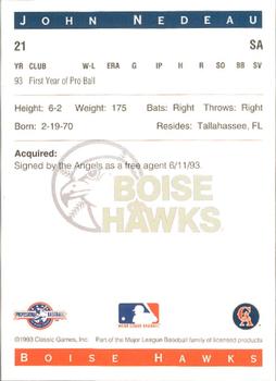 1993 Classic Best Boise Hawks #21 John Nedeau Back