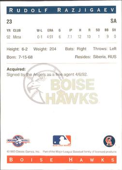 1993 Classic Best Boise Hawks #23 Rudolf Razjigaev Back