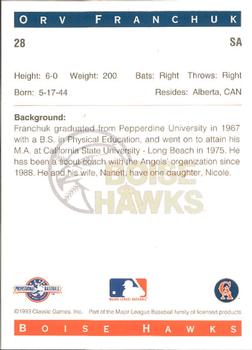 1993 Classic Best Boise Hawks #28 Orv Franchuk Back