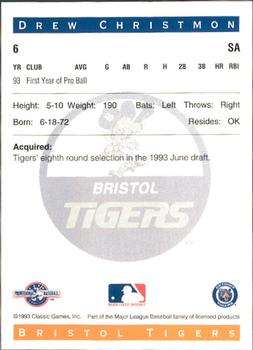 1993 Classic Best Bristol Tigers #6 Drew Christmon Back