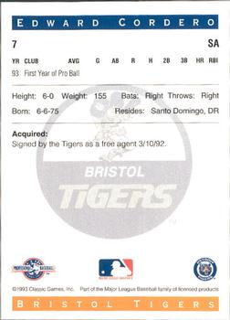 1993 Classic Best Bristol Tigers #7 Edward Cordero Back