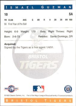 1993 Classic Best Bristol Tigers #10 Ismael Guzman Back