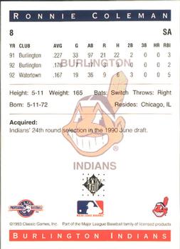 1993 Classic Best Burlington Indians #8 Ronnie Coleman Back