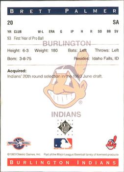 1993 Classic Best Burlington Indians #20 Brett Palmer Back