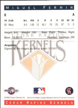 1993 Classic Best Cedar Rapids Kernels #6 Miguel Fermin Back
