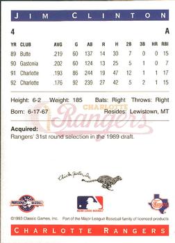 1993 Classic Best Charlotte Rangers #4 Jim Clinton Back