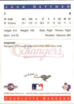 1993 Classic Best Charlotte Rangers #7 John Dettmer Back