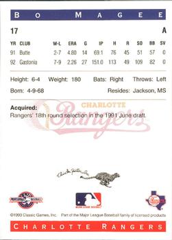 1993 Classic Best Charlotte Rangers #17 Bo Magee Back