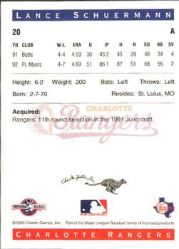 1993 Classic Best Charlotte Rangers #20 Lance Schuermann Back