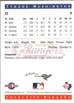1993 Classic Best Charlotte Rangers #23 Tyrone Washington Back