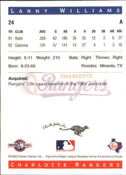 1993 Classic Best Charlotte Rangers #24 Lanny Williams Back