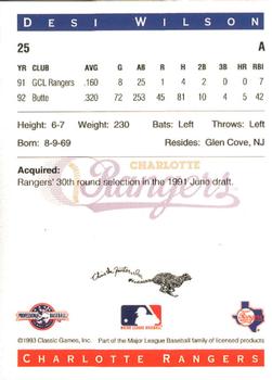 1993 Classic Best Charlotte Rangers #25 Desi Wilson Back