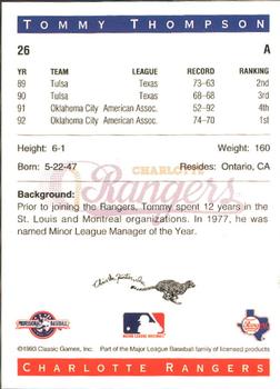 1993 Classic Best Charlotte Rangers #26 Tommy Thompson Back