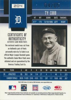 2003 Leaf Certified Materials - Mirror Gold Materials #204 Ty Cobb Back