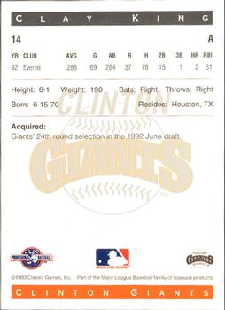1993 Classic Best Clinton Giants #14 Clay King Back