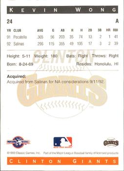 1993 Classic Best Clinton Giants #24 Kevin Wong Back