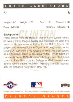 1993 Classic Best Clinton Giants #27 Frank Cacciatore Back