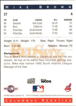 1993 Classic Best Columbus RedStixx #27 Mike Brown Back