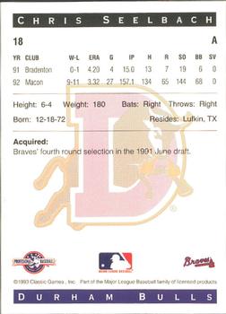 1993 Classic Best Durham Bulls #18 Chris Seelbach Back