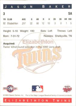 1993 Classic Best Elizabethton Twins #3 Jason Baker Back