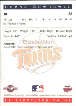 1993 Classic Best Elizabethton Twins #10 Deron Dowhower Back