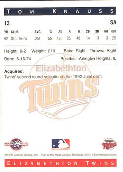 1993 Classic Best Elizabethton Twins #13 Tom Knauss Back