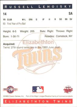 1993 Classic Best Elizabethton Twins #14 Russell Lehoisky Back