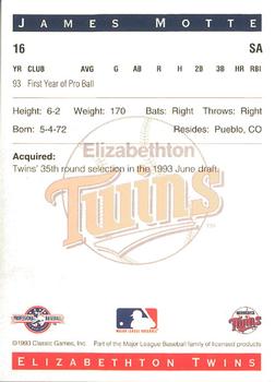1993 Classic Best Elizabethton Twins #16 James Motte Back