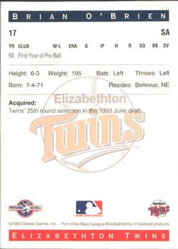 1993 Classic Best Elizabethton Twins #17 Brian O'Brien Back