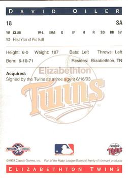 1993 Classic Best Elizabethton Twins #18 David Oiler Back