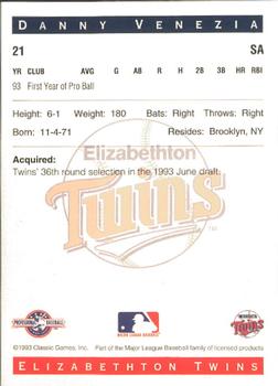 1993 Classic Best Elizabethton Twins #21 Danny Venezia Back