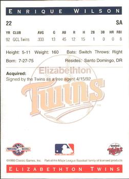 1993 Classic Best Elizabethton Twins #22 Enrique Wilson Back