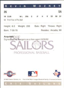 1993 Classic Best Erie Sailors #26 Kevin Wozney Back