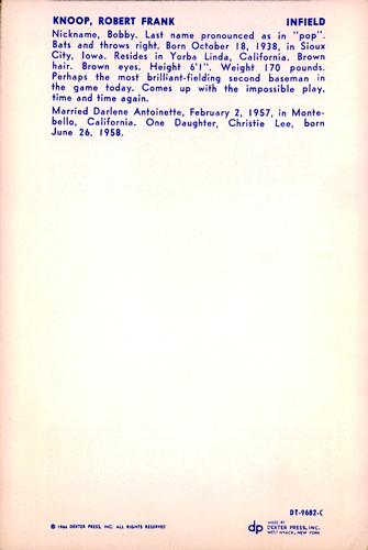 1966 Dexter Press California Angels Set A #DT-9682-C Bobby Knoop Back