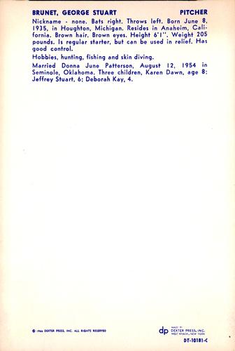 1966 Dexter Press California Angels Set B #DT-10181-C George Brunet Back